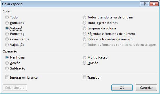 Porcentagem e referência de células 3 A caixa de diálogo Colar especial é aberta. 5. Escolha a opção Valores e clique no botão OK.