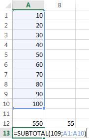 Excel - Módulo I 5. Selecione a célula A13 e novamente insira a função SUBTOTAL, mas, dessa vez, calcularemos a soma sem levar em conta as células ocultas.