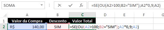 Excel - Módulo I 4.6.3. SE com OU Agora vamos dar um exemplo de aninhamento de Se com OU. Pense em uma loja que dá desconto de 10% para qualquer compra acima de R$100,00.