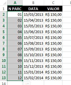 números da coluna N PARC assumiram o formato com dois dígitos, como na imagem