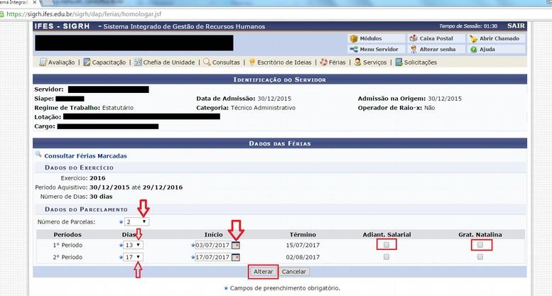 2 Ao clicar em alterar, aparecerá a tela seguinte em que se pode trocar a quantidade de parcelas, a quantidade de dias de