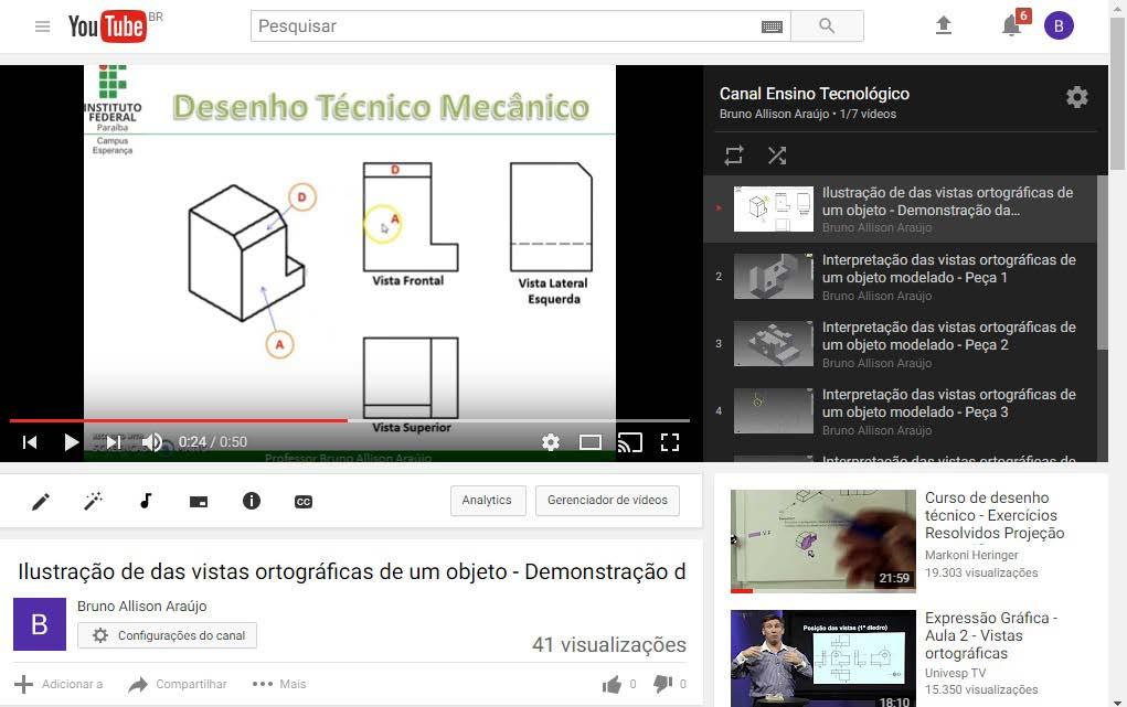 Figura 8 Vídeo ilustrativo sobre vistas ortográficas no canal Ensino Tecnológico YouTube O compartilhamento via web do material desenvolvido correspondeu à etapa final do trabalho, norteada pela