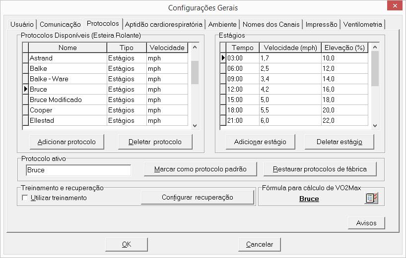 Através da guia PROTOCOLOS, defina outro protocolo, que não seja o de RAMPA, para que se possa acionar o controle manual da esteira. Siga as instruções do próximo item, 8.2.3. PROTOCOLOS. PROTOCOLOS Para configurar os PROTOCOLOS, clicar na guia de sua referência.