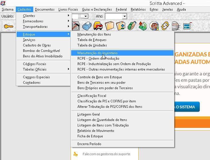 Depois, clique em Cadastros, Estoque e, em seguida, em Manutenção de Estoque.