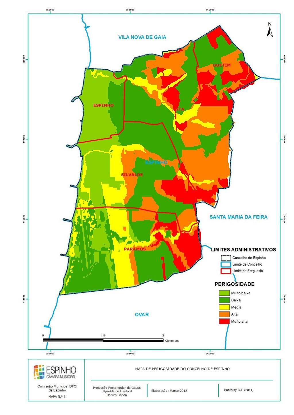 O mapa referente ao presente estudo demarca as zonas de muito alta a muito baixa perigosidade de Incêndio Florestal do Concelho de