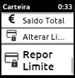 navegando o menu da carteira usando < > e < > quando tiver a opção Repor Limite selecionada.