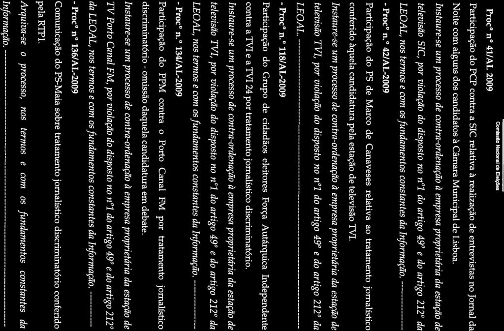 cm 7 Proc n 41/AL 2009 Comissão Nacional de EIeiçes Participação do PCP contra a SIC relativa à realização de entrevistas no Jornal da Noite com alguns dos candidatos à Câmara Municipal de Lisboa.