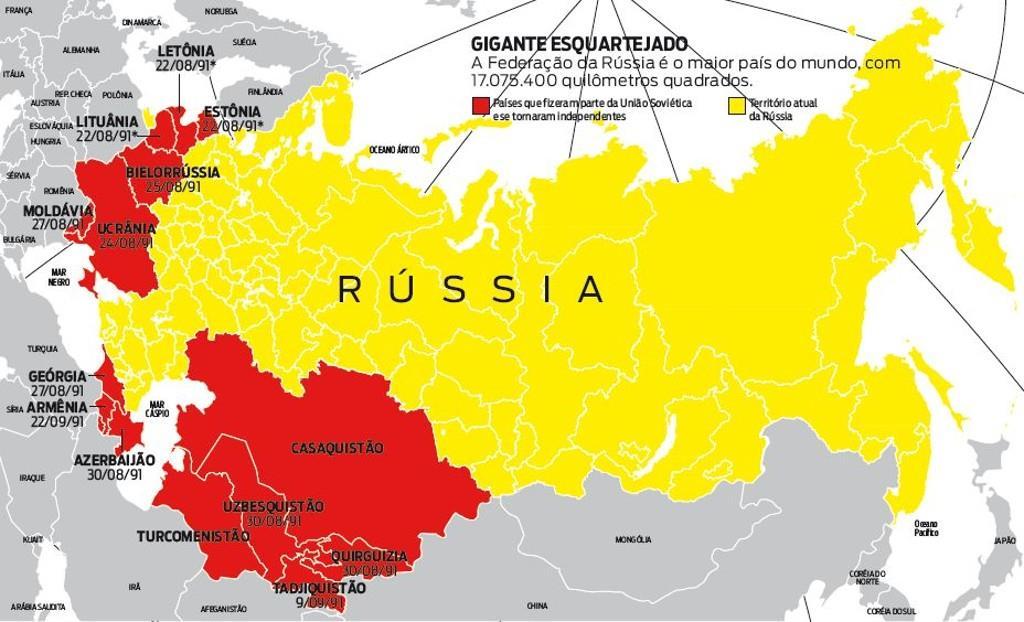 Observe mapa a seguir para responder as questões 4 e 5: Questão 4) O mapa acima mostra o tamanho da Rússia, mas marca também os países que fizeram parte da