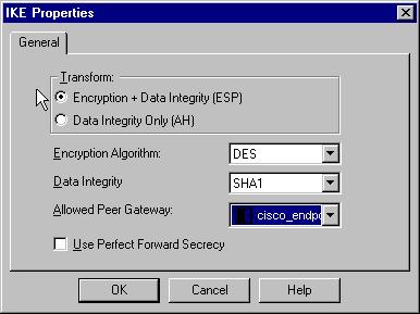 O Encryption Algorithm deve ser DES, Data Integrity deve ser SHA1 e o Allowed Peer Gateway deve ser o gateway Cisco externo (denominado