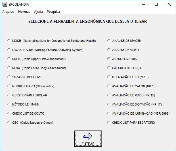 28 Figura 7 - Software ERGOLÂNDIA - Tela Principal FONTE: FBF Sistemas As ferramentas que o ERGOLÂNDIA dispõe são: o Método NIOSH (Equação de levantamento de carga); o Método OWAS; o Método RULA; o