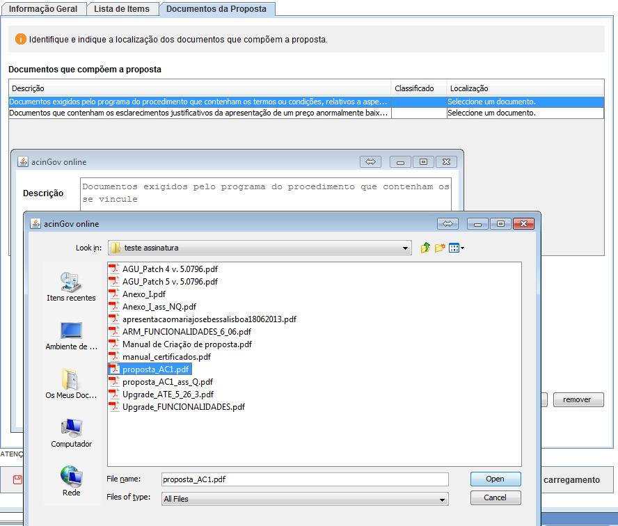 4.2.1.4 Documentos da Proposta Para associar os documentos exigidos pela Entidade Adjudicante, selecione a linha correspondente ao documento e clique em Editar.