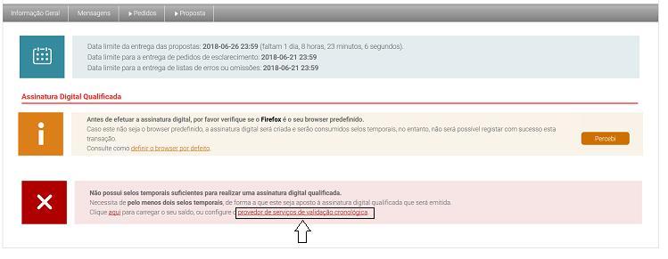 4.4.1 Selos temporais interoperáveis a) Caso não possua créditos na plataforma acingov, o ecrã apresentado será o seguinte e deverá clicar na opção infra ilustrada.