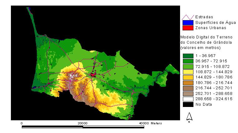 Fig. 3 Modelo Digital do Terreno, estradas, espaço urbano e superfícies de água do Concelho de Grândola 3.