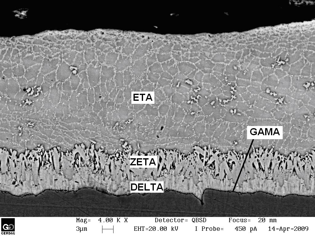Figura 2. Imagem obtida por MEV de corte transversal de amostra de aço galvanizado. As camadas de liga ferro-zinco podem ser identificadas na imagem (5).
