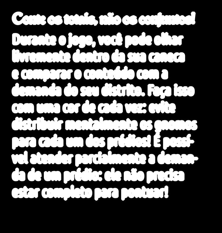 A pontuação final é definida pela soma de: +1 Ponto de Vitória para cada moeda; +2 Pontos de Vitória para cada gnomo abrigado em uma Carta de Prédio de seu distrito; +1 Ponto de Vitória para