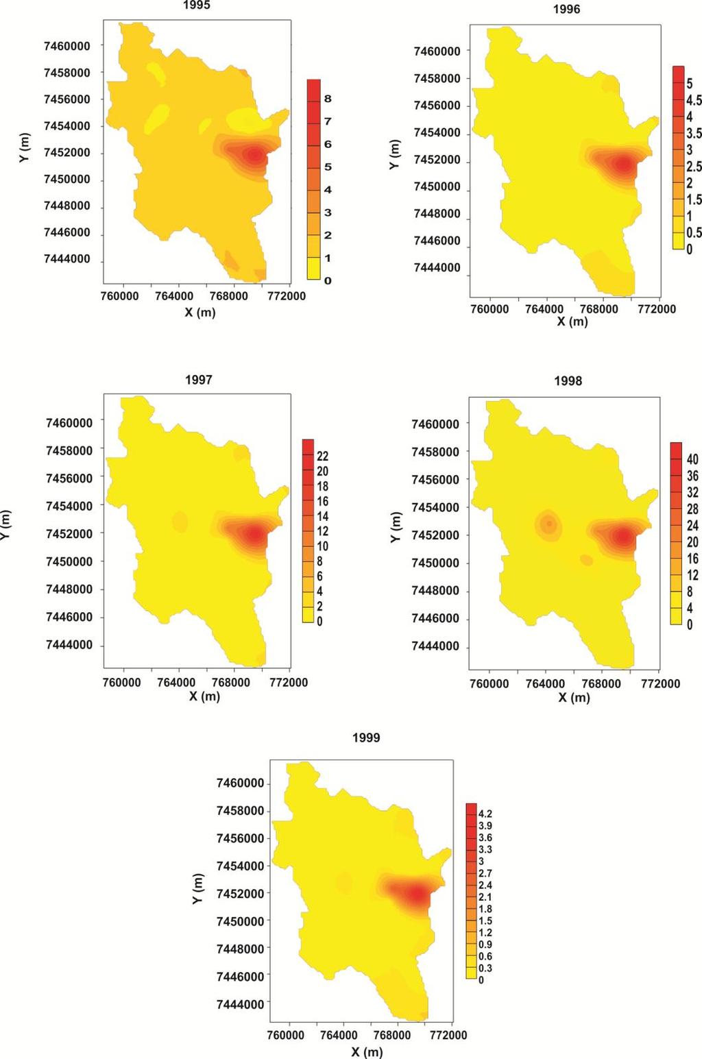 Figura 3. Mapas da distribuição espacial da produção de sedimentos (t ha -1 ), na parte inicial da bacia do Rio Pardo, nos anos de 1995 a 1999.