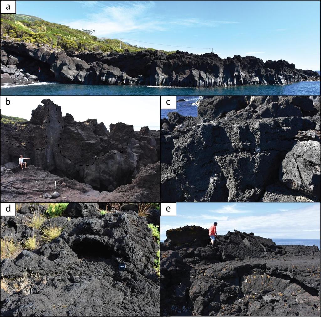 Figure 6 - Representative photographs of the different surface morphologies of the Ribeira do Nabo I lava flow field. a) Lava flows from the base of the succession.