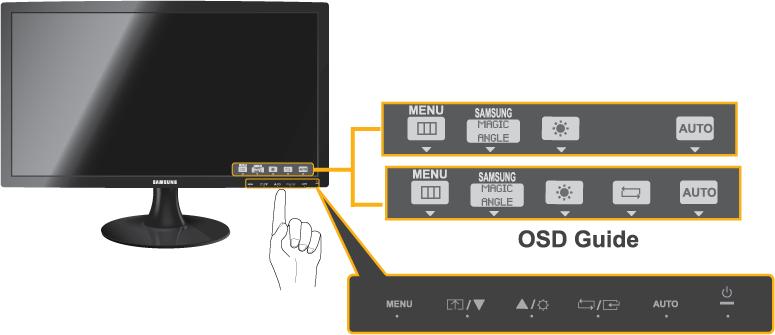 3-19 Botões de operação do produto Botões de operação do produto Carregue num dos botões do monitor. OSD Guide será apresentado no ecrã.