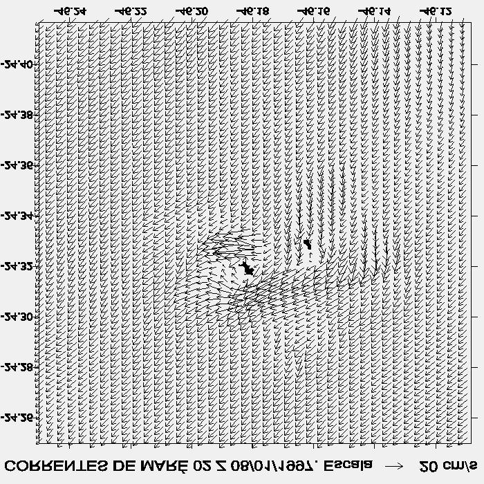 Fig. 4 - Correntes de maré instantâneas, na superfície, na região da