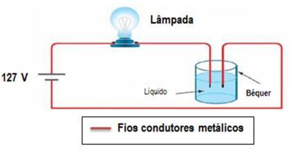 A Figura 8 mostra um tipo de montagem, com dois fios elétricos, uma lâmpada, um suporte para a lâmpada, dois eletrodos, um plug e um recipiente para colocar as soluções a serem