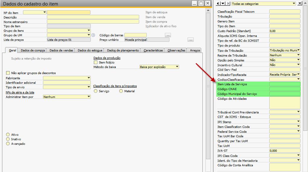 5.2.2 Cadastro do Item obrigatórios: No preenchimento do cadastro do Item, os seguintes campos de usuário são Item Lista de Serviços: trata-se do código da lista de serviços contida na Lei Federal