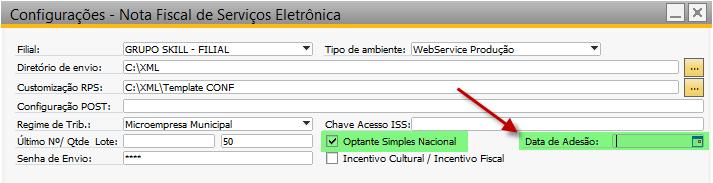 Caso a empresa seja optante pelo Simples Nacional, deverá também selecionar a opção destacada abaixo e poderá informar a data de adesão ao regime simplificado: d) Indicação do número do último lote