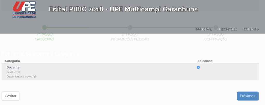 Role a tela para baixo, selecione a Categoria Docente e clique no botão PRÓXIMO (Figura 3). Figura 3.