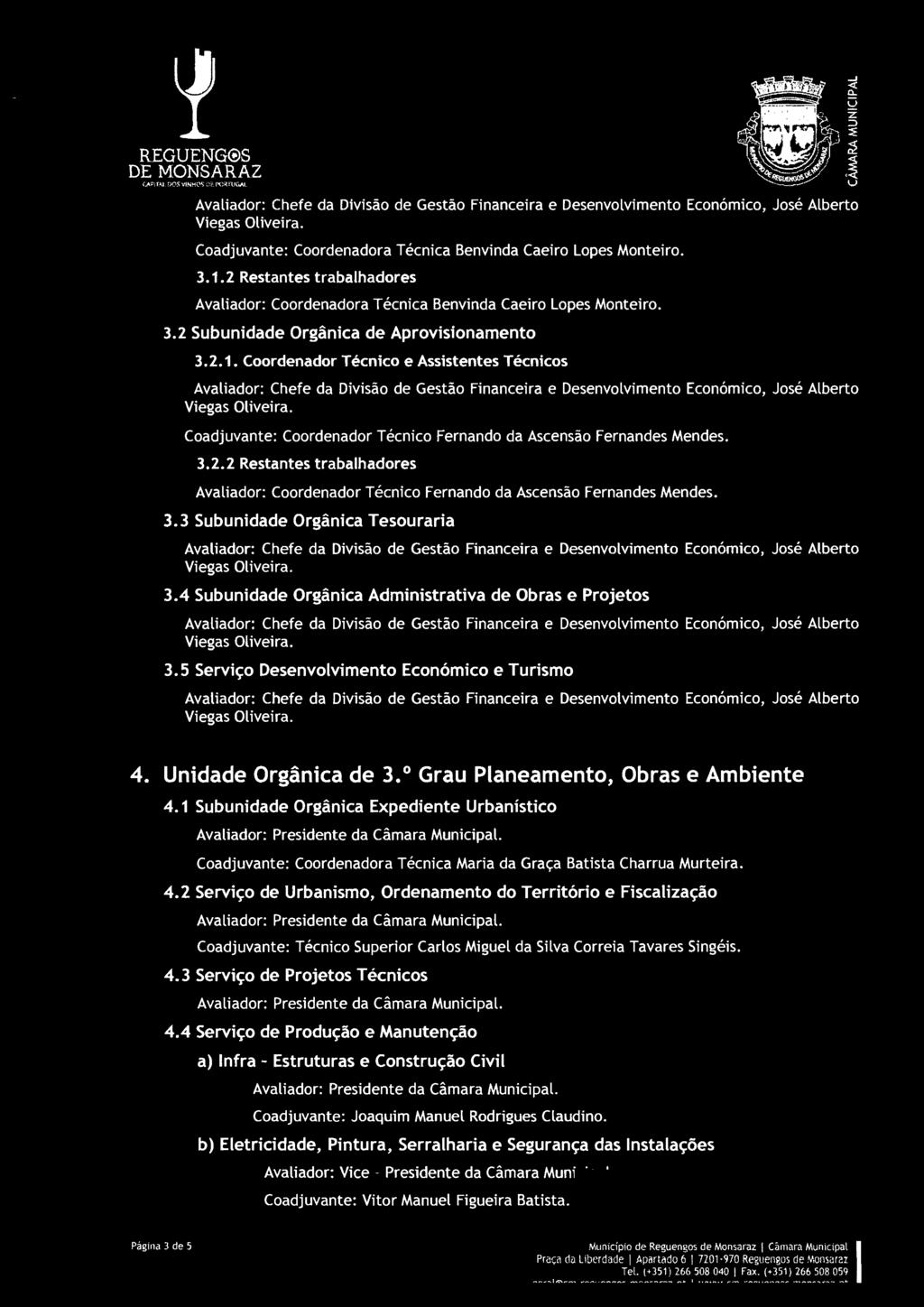 Coadjuvante: Coordenadora Técnica Benvinda Caeiro Lopes Monteiro. 3.1.2 Restantes trabalhadores Avaliador: Coordenadora Técnica Benvinda Caeiro Lopes Monteiro. 3.2 Subunidade Orgânica de Aprovisionamento 3.