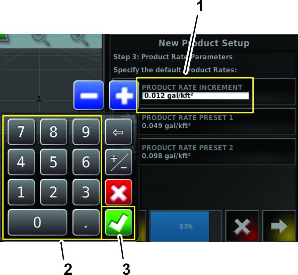 Ícone seguinte (passo seguinte) A. Utilize o teclado numérico do visor para introduzir a taxa de incrementação das duas taxas de aplicação predefinidas (Figura 33). B.