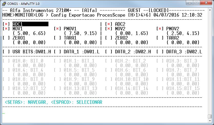 Para capturar qualquer um dos arquivos siga as instruções descritas na tela. Tecla <6>: ProcesScope Configuração; Permite ao usuário configurar os separadores de campos (e.g. ; e, ), início e terminação de linha.