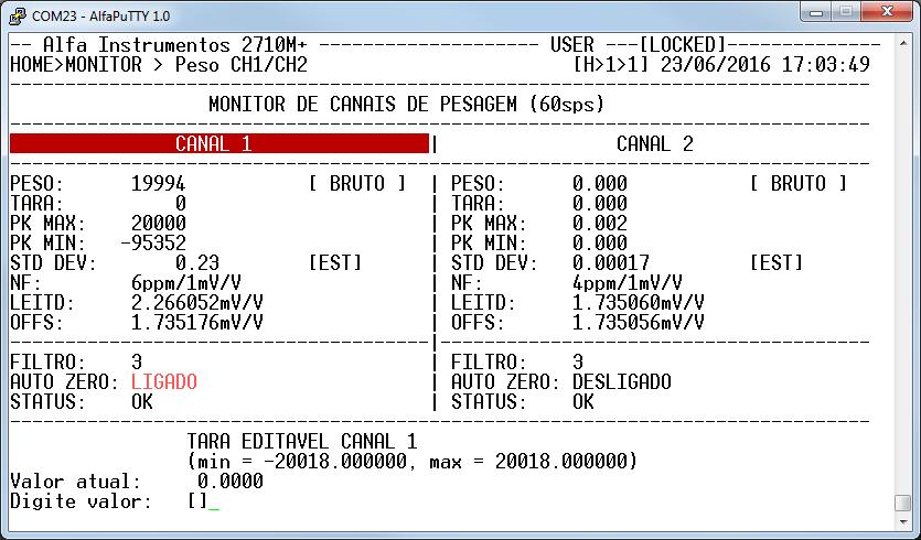 Este somente realiza o deslocamento horizontal na reta limitado a 4% ou 20% no exemplo. Para configurar a faixa de zero, pressione a tecla <F>, valores possíveis: 4 ou 20%.