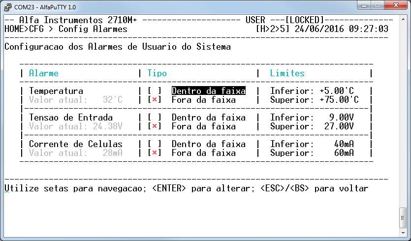 Entre com os valores corretos utilizando as teclas numéricas do teclado. Para confirmar a edição pressione a tecla <Enter> e o novo campo será exibido até completar o ajuste. 5.4.