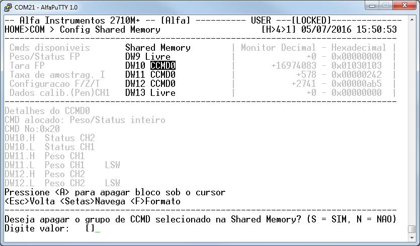 6. Para selecionar a posição inicial onde será mapeado o comando na Shared Memory, utilize as teclas <Cima> e <Baixo>; 7.