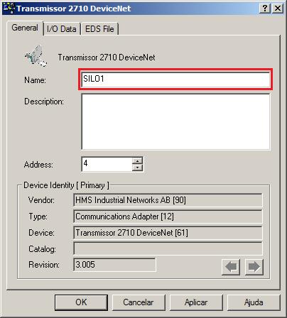 Transmissor 2710 DeviceNet encontrado e altere o nome em