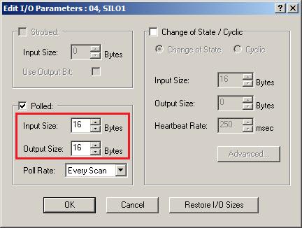 9. Configure em Edit I/O Parameters... o Rx Size e Tx Size para o número de 16 bytes e pressione OK.