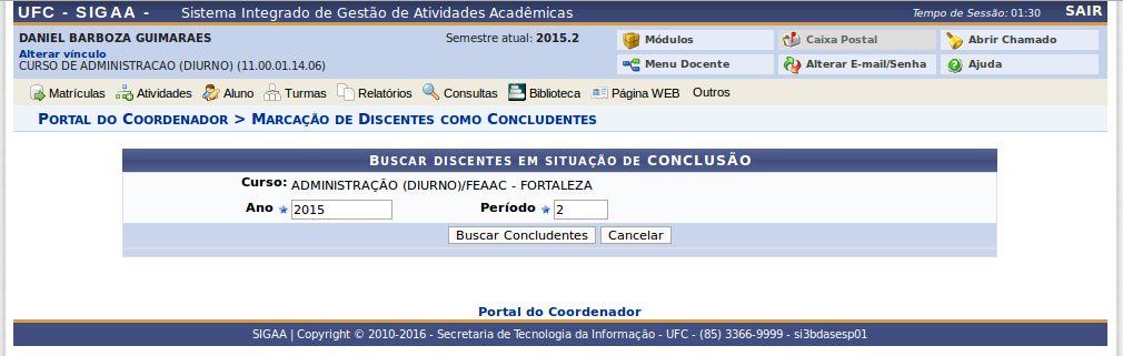 Figura 2 Formulário de Busca de Concludentes Na formulário encontrado na Figura 2, ao clicarmos no botão Buscar Concludentes, o sistema fará uma busca por entre todos os alunos do curso, filtrando