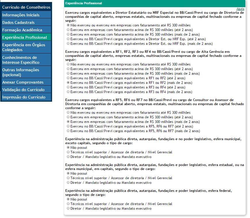 EXPERIÊNCIA PROFISSIONAL Experiências Externas ou no BB/Cassi/Previ.