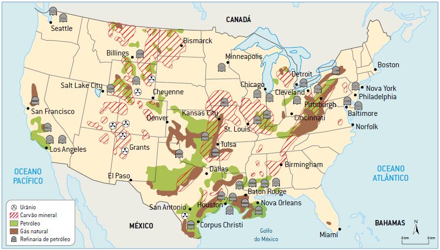 Os Estados Unidos têm um subsolo rico em recursos minerais e energéticos.