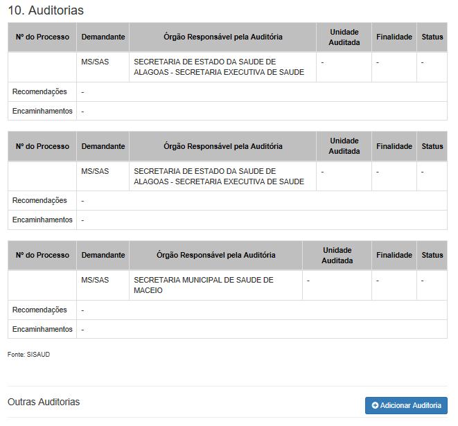 Tela com Informações de Auditoria Tela com Informações de Auditoria O item 11 apresenta um campo para inserção das Análises e Considerações Gerais nos RDQA e RAG, assim como as