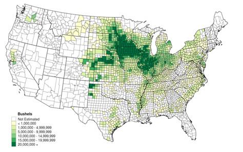 FIGURA 3 Produção de milho em 2010, por região nos EUA FONTE: USDA Economic Statistics Levando em consideração que o maior volume de milho produzido nos Estados Unidos é transportado para o Sul, em