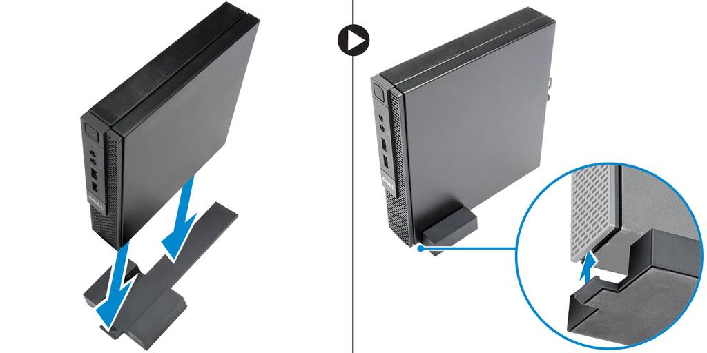 Como instalar o suporte do Dell OptiPlex Micro Vertical Alinhe o computador no suporte vertical e certifique-se de que a aba no suporte vertical se encaixa no entalhe ou entalhe no sistema.