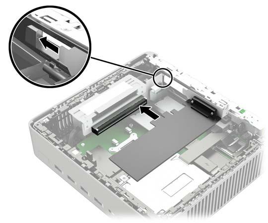 10. Alinhe os conectores da placa PCIe com o slot da placa elevadora, e alinhe a guia de metal no final da placa com o slot no chassi.