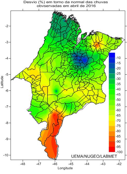 Figura 5: Distribuição das chuvas em Abril de 2016 no Maranhão: Desvios percentuais.
