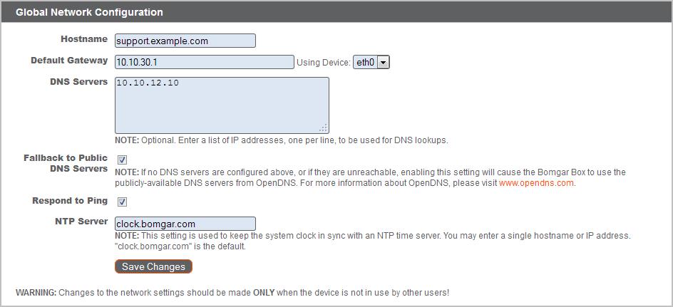 Na seção Configuração Global de Rede, defina a porta de saída padrão. Insira seu Gateway padrão e os endereços do servidor DNS.