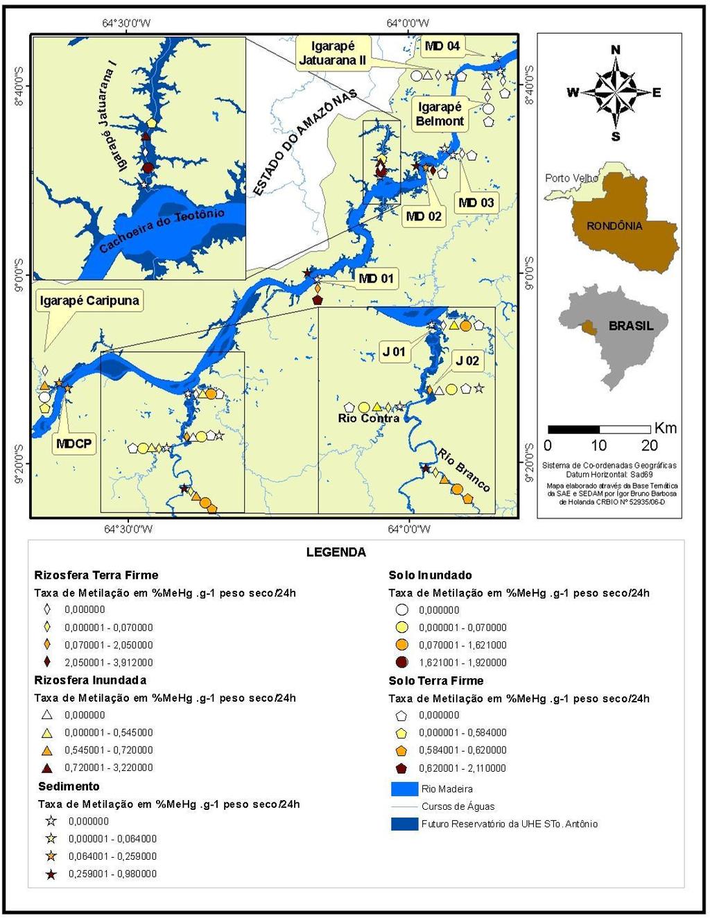 Figura IX.12. Distribuição espacial e de percentuais de metilação do Hg na área de estudo no período T2 (Águas Baixas).