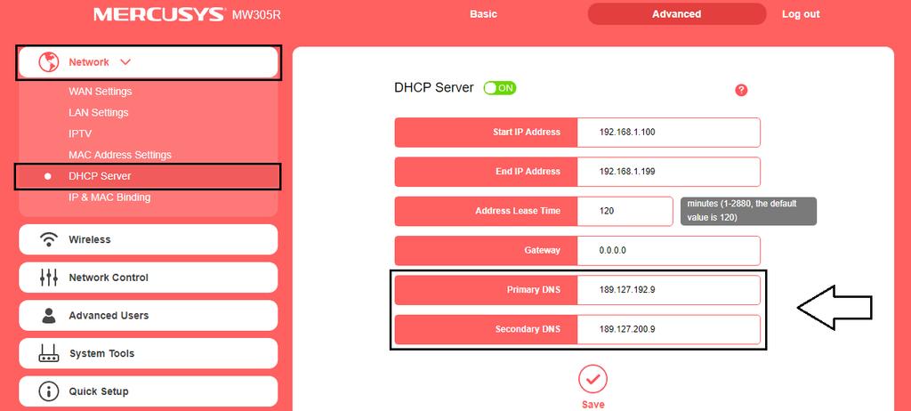 CONFIGURANDO MERCUSYS Ainda no menu Network > DHCP Server.