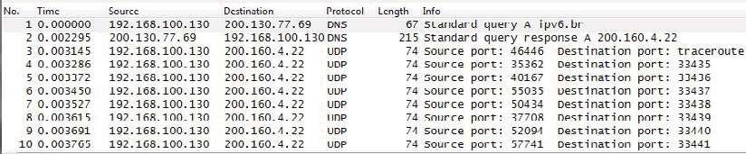 Vamos abrir o arquivo com o Wireshark e analisar os pacotes capturados durante a execução do comando traceroute. A tela com os primeiros 10 pacotes está mostrada na Figura 6.