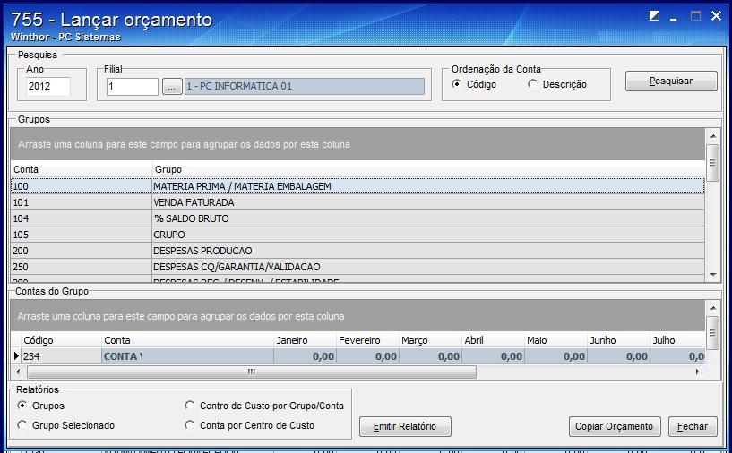 3.3 Lançar Orçamentos Para que seja permitido um maior controle no processo de lançar orçamento, este poderá ser realizado por Centro de Custo, conforme segue: 3.3.1 Acesse a rotina 755 Lançar Orçamento, informe os dados de pesquisa e clique em Pesquisar.