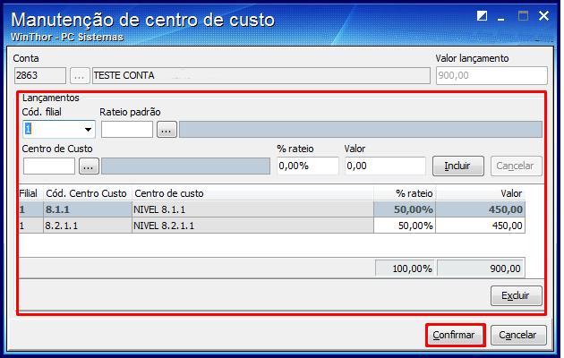 Nesta tela também é permitido alterar os dados do rateio do Centro de Custo, antes de serem replicados aos demais lançamentos