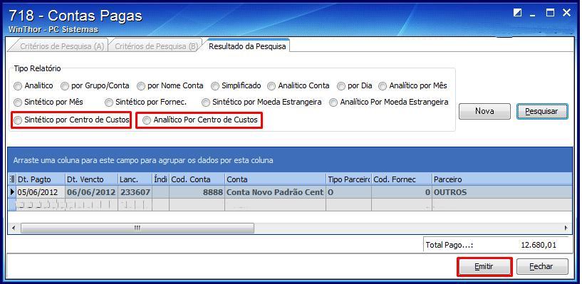 2 Ao pesquisar as contas, a rotina exibirá os resultados automaticamente na aba Resultado da Pesquisa.